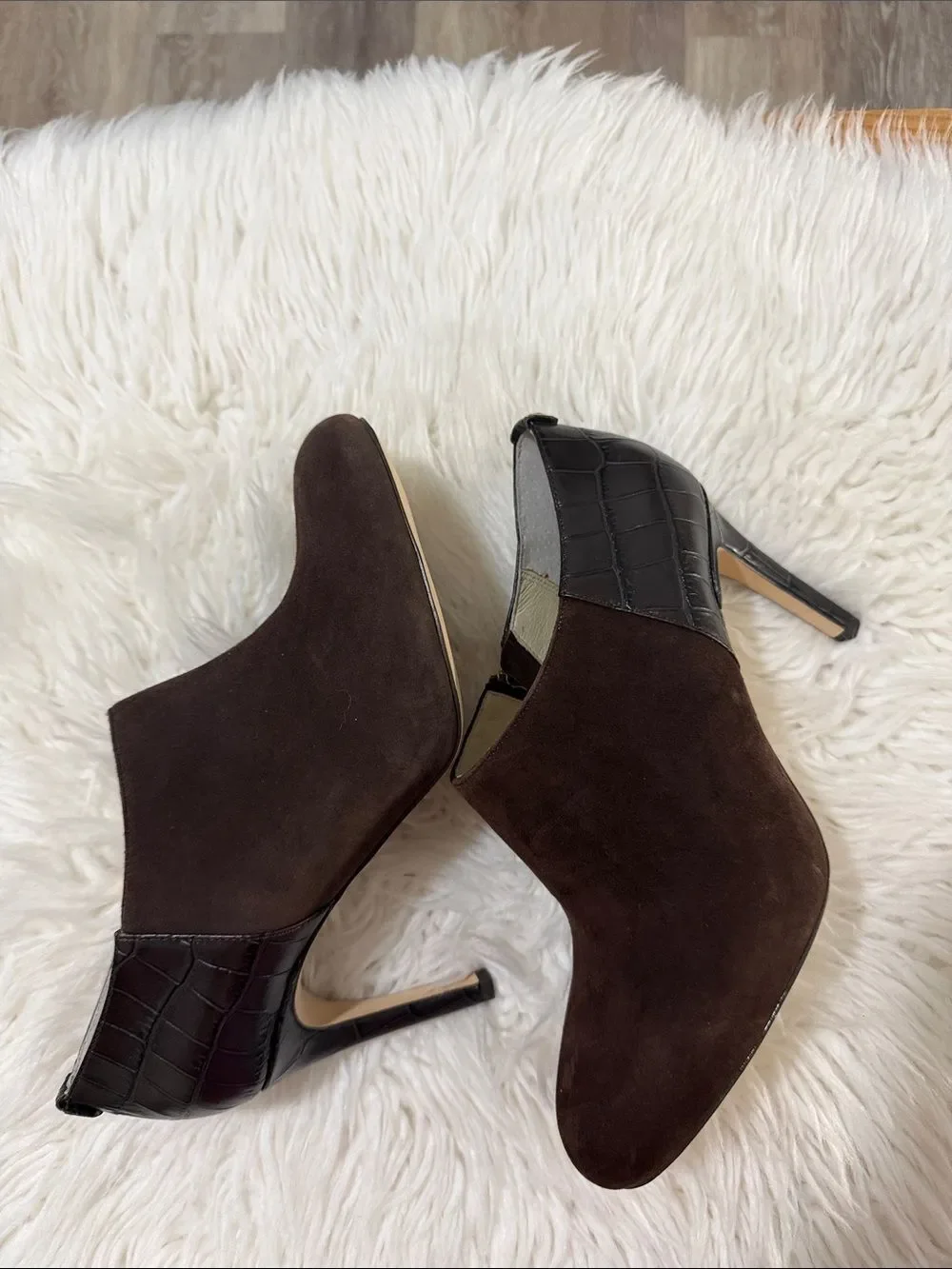 Michael Kors Dark Brown Suede & Croc-Embossed Ankle Booties